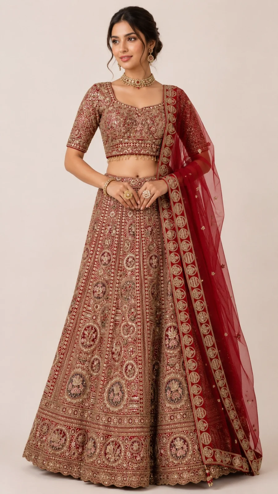 Maroon Heritage Bridal Lehenga Set with Intricate Zari & Sequin Embroidery