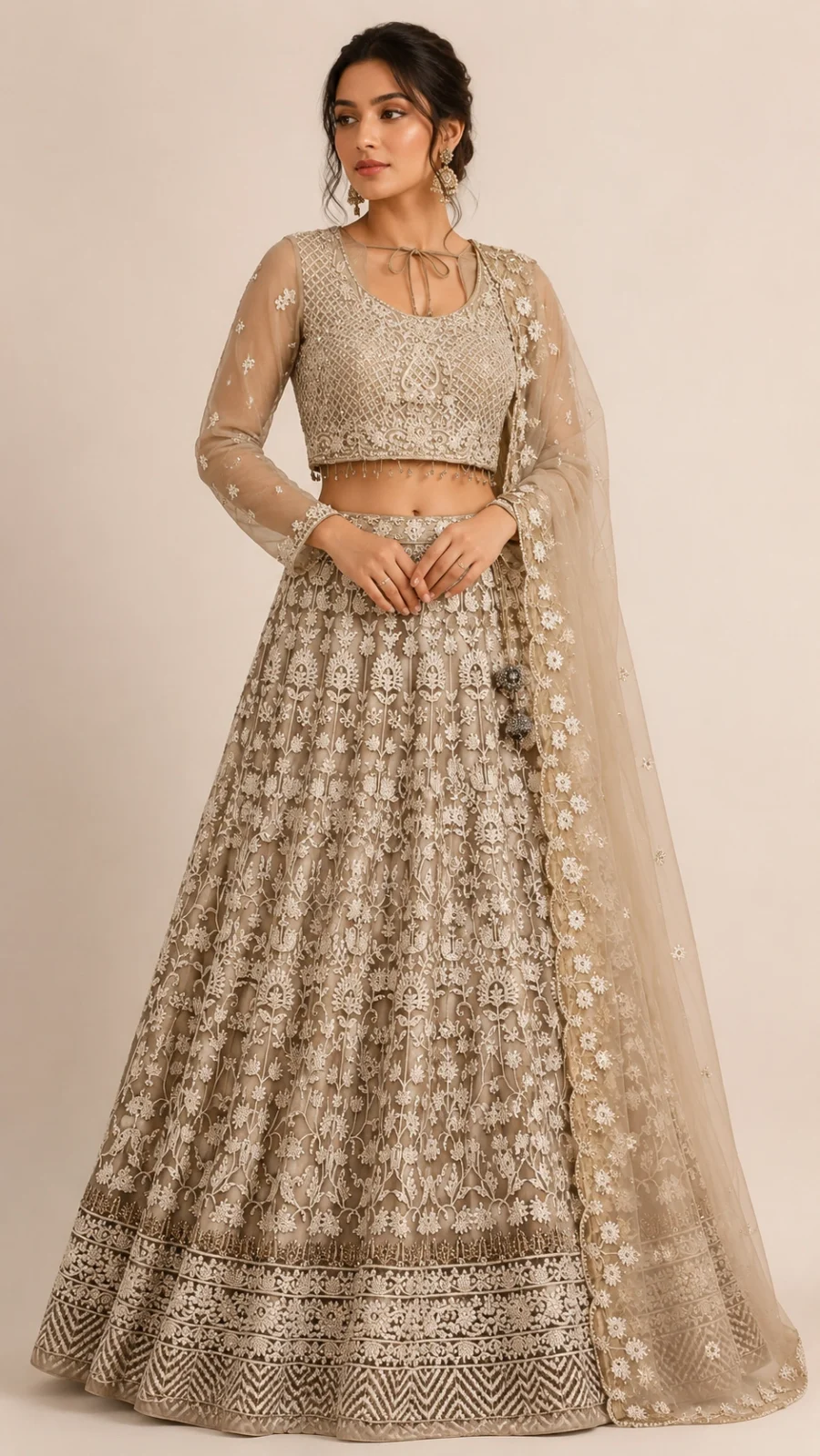 Champagne Beige Floral Embroidered Lehenga Set with Net Sleeves & Dupatta