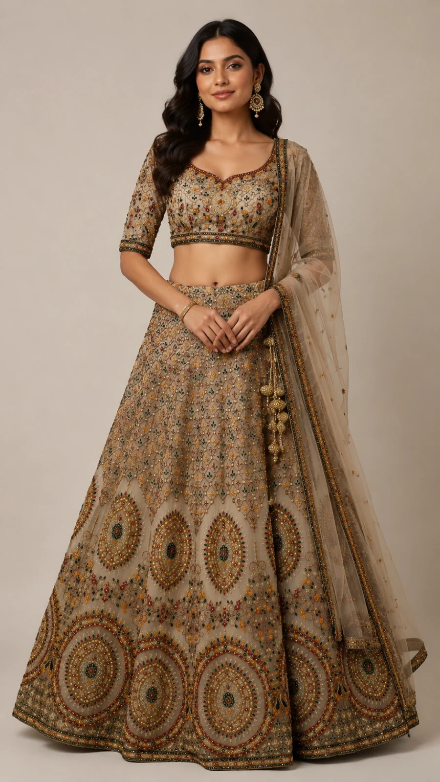 Champagne Beige Hand-Embroidered Bridal Lehenga Set