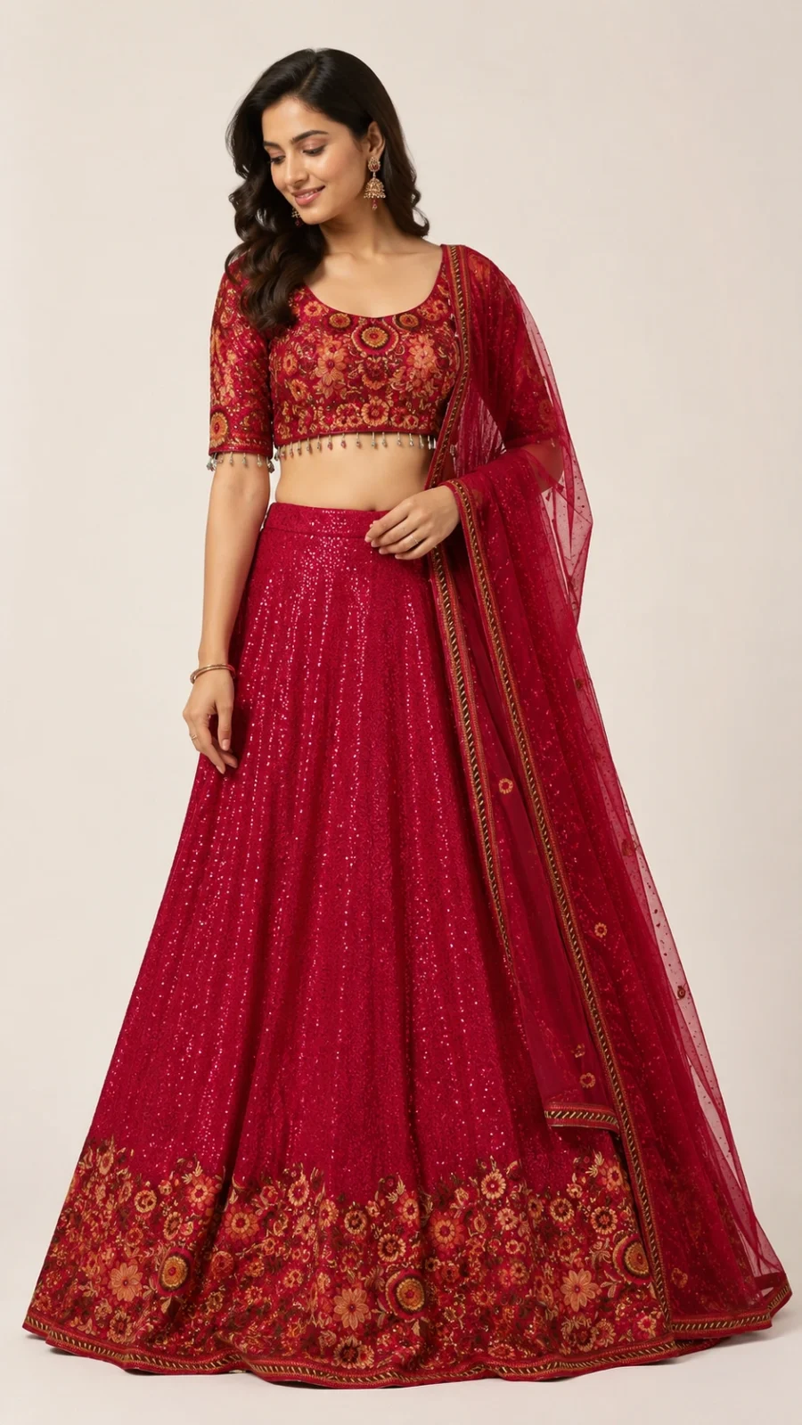 Ruby Bloom Sequin Embroidered Lehenga Set with Dupatta
