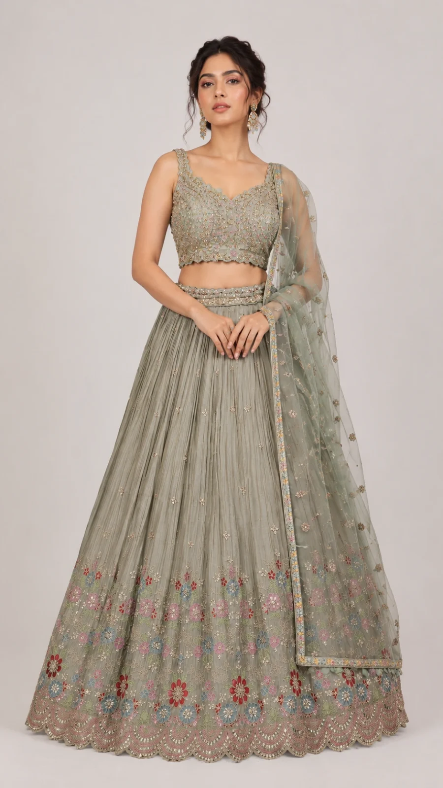 Sage Green Floral Embroidered Pleated Lehenga Set