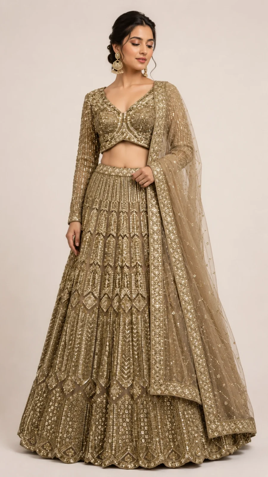 Champagne Gold Sequins Embroidered Bridal Lehenga Set