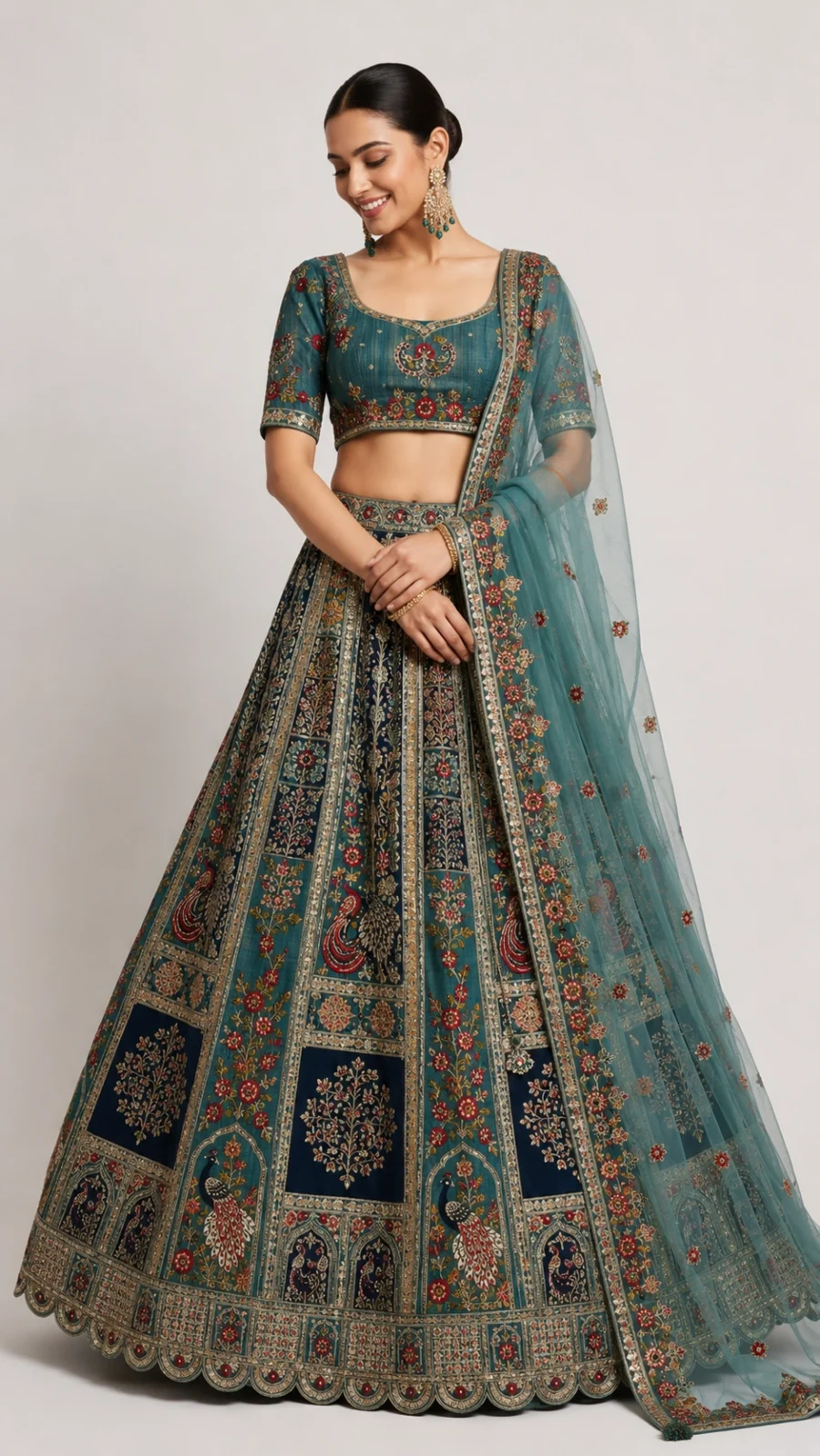 Teal & Navy Peacock Floral Embroidered Bridal Lehenga Choli Set