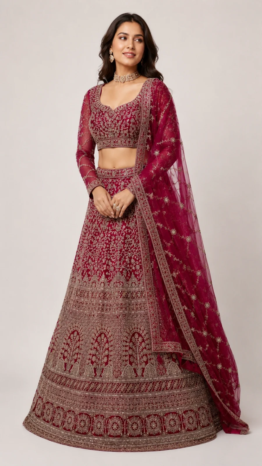 Magenta Embroidered Bridal Lehenga Set with Net Dupatta