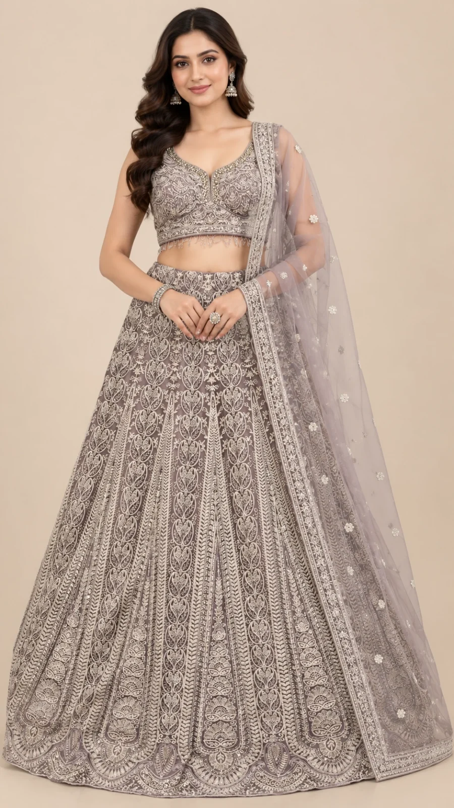 Lavender Grey Embroidered Bridal Lehenga Set with Designer Blouse & Net Dupatta