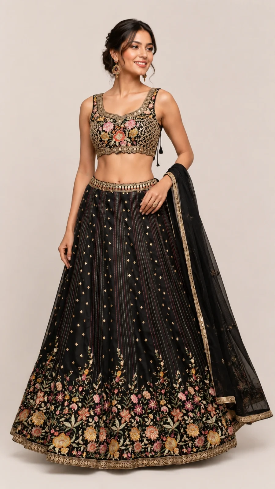 Midnight Bloom Embroidered Lehenga Set with Dupatta
