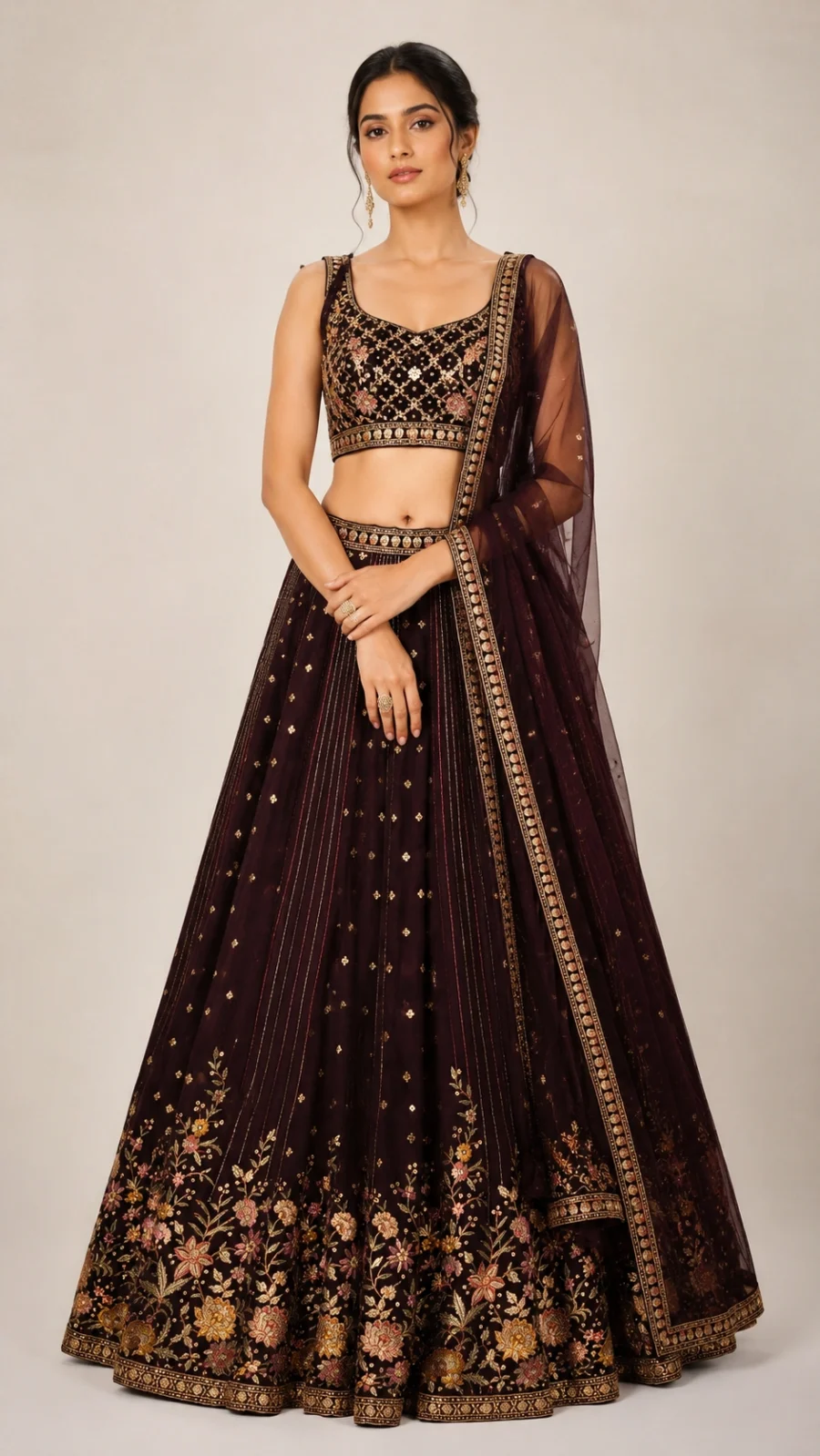 Store Wine Maroon Floral Embroidered Lehenga Set with Dupatta