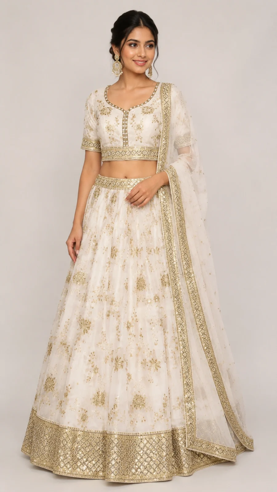 Store Ivory & Gold Embroidered Lehenga Choli Set with Dupatta