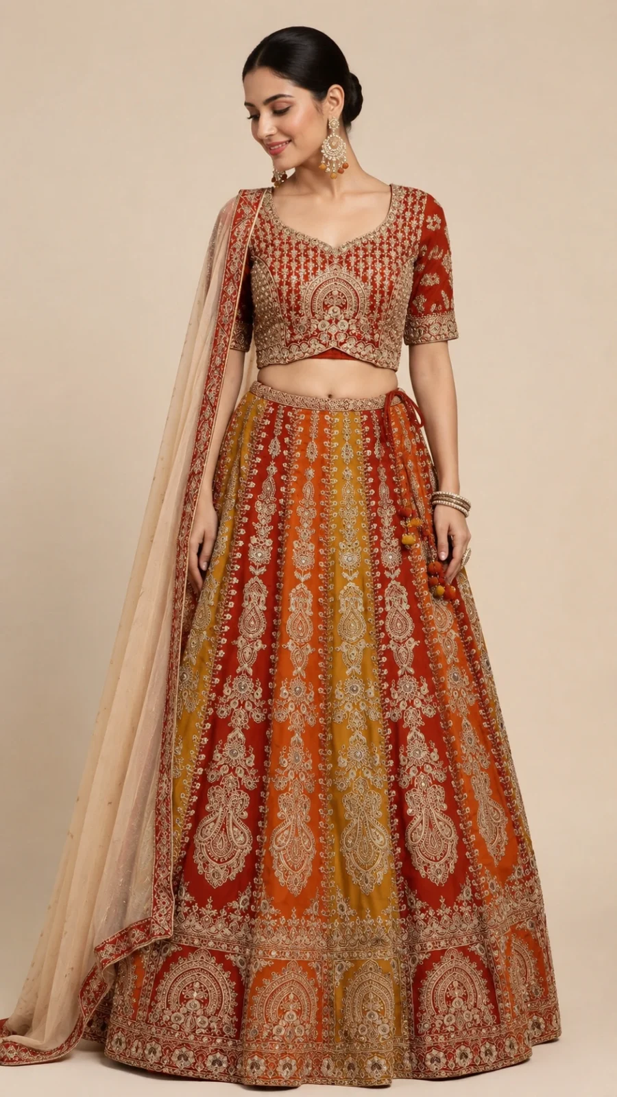 Store Rust Orange & Mustard Embroidered Bridal Lehenga Set with Dupatta
