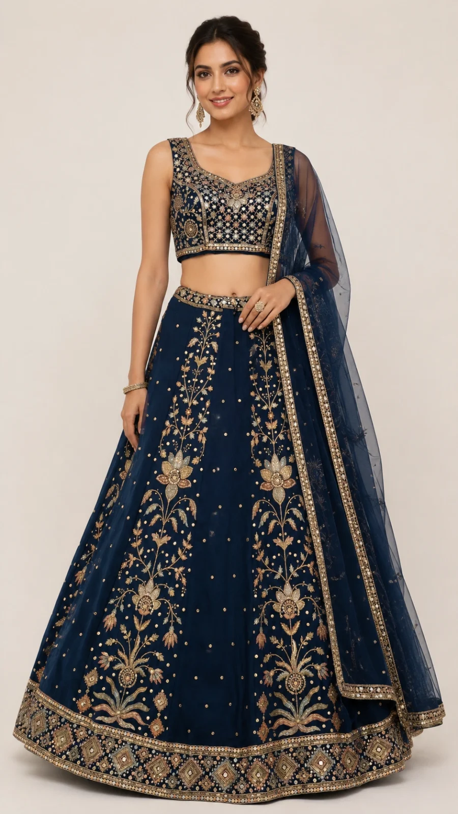 Store Midnight Blue Floral Embroidered Lehenga Set with Dupatta