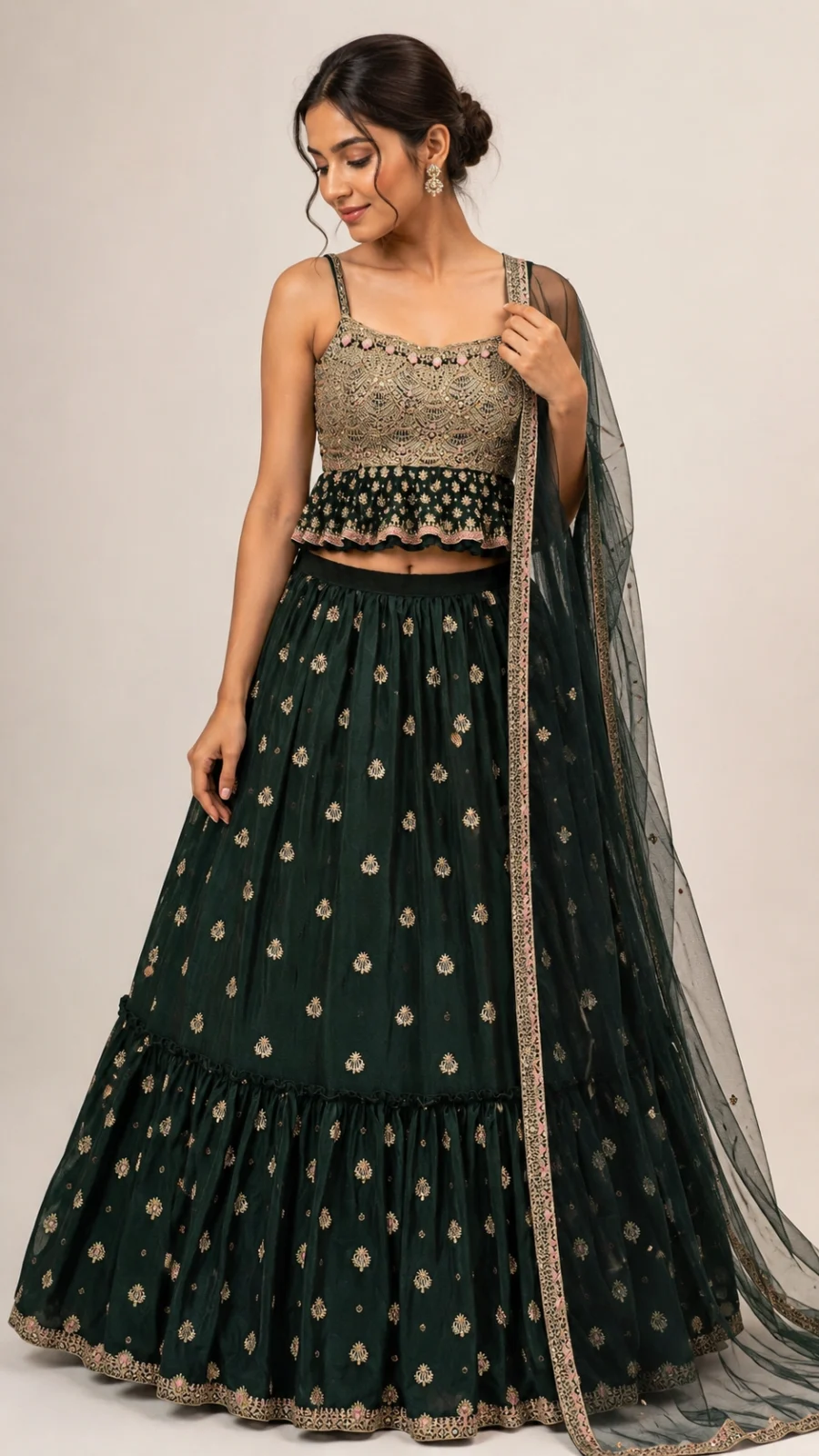 Store Emerald Green Embroidered Peplum Lehenga Set with Dupatta