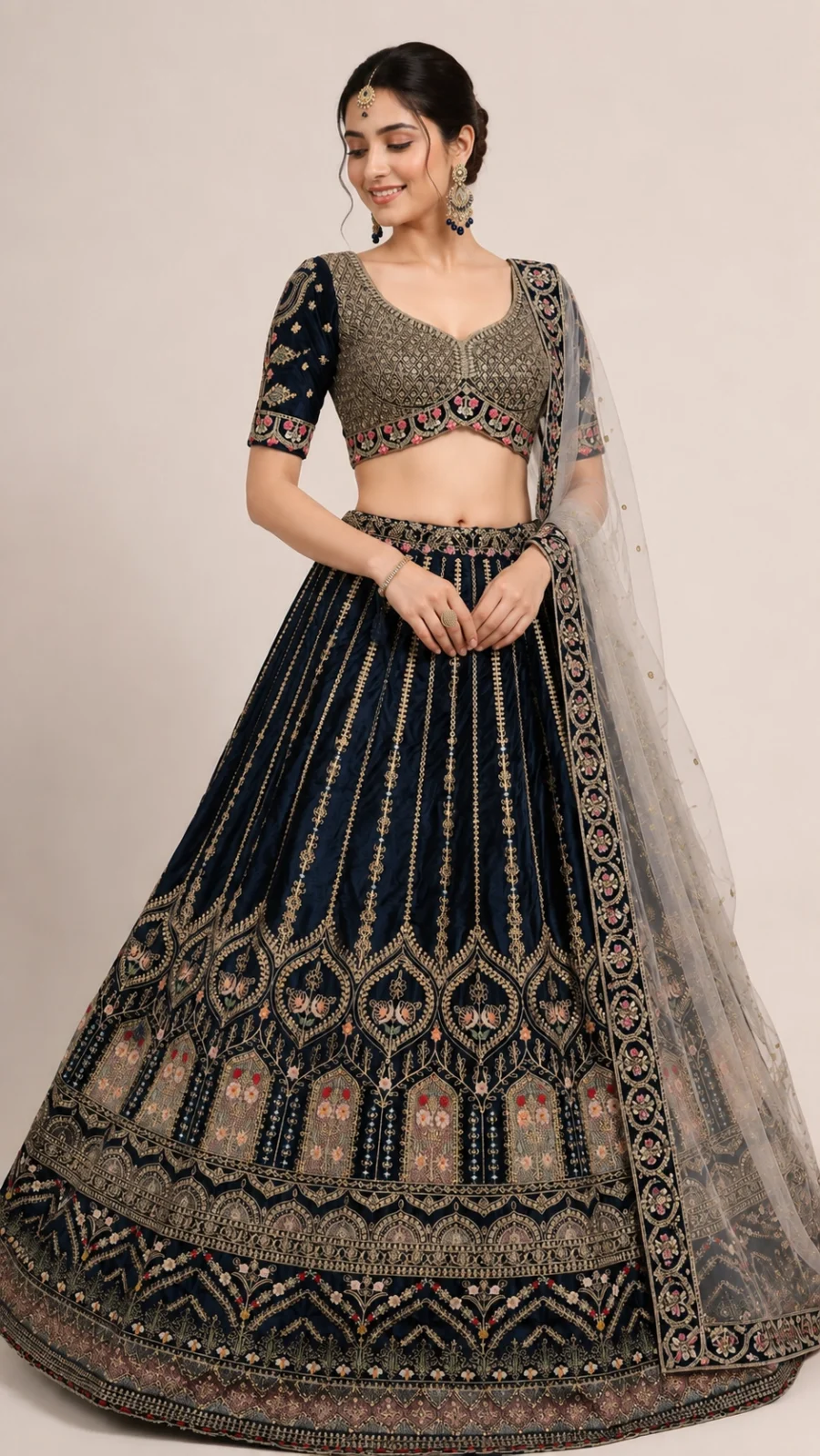 Store Midnight Blue Embroidered Bridal Lehenga Set with Net Dupatta