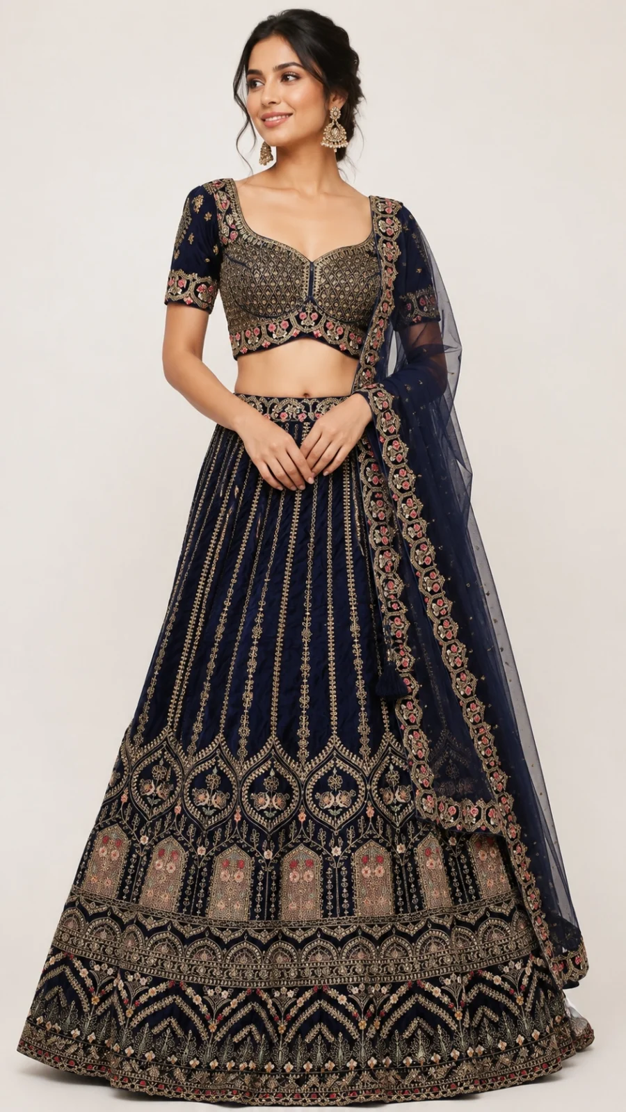 Store Navy Blue Embroidered Velvet Bridal Lehenga Set with Dupatta