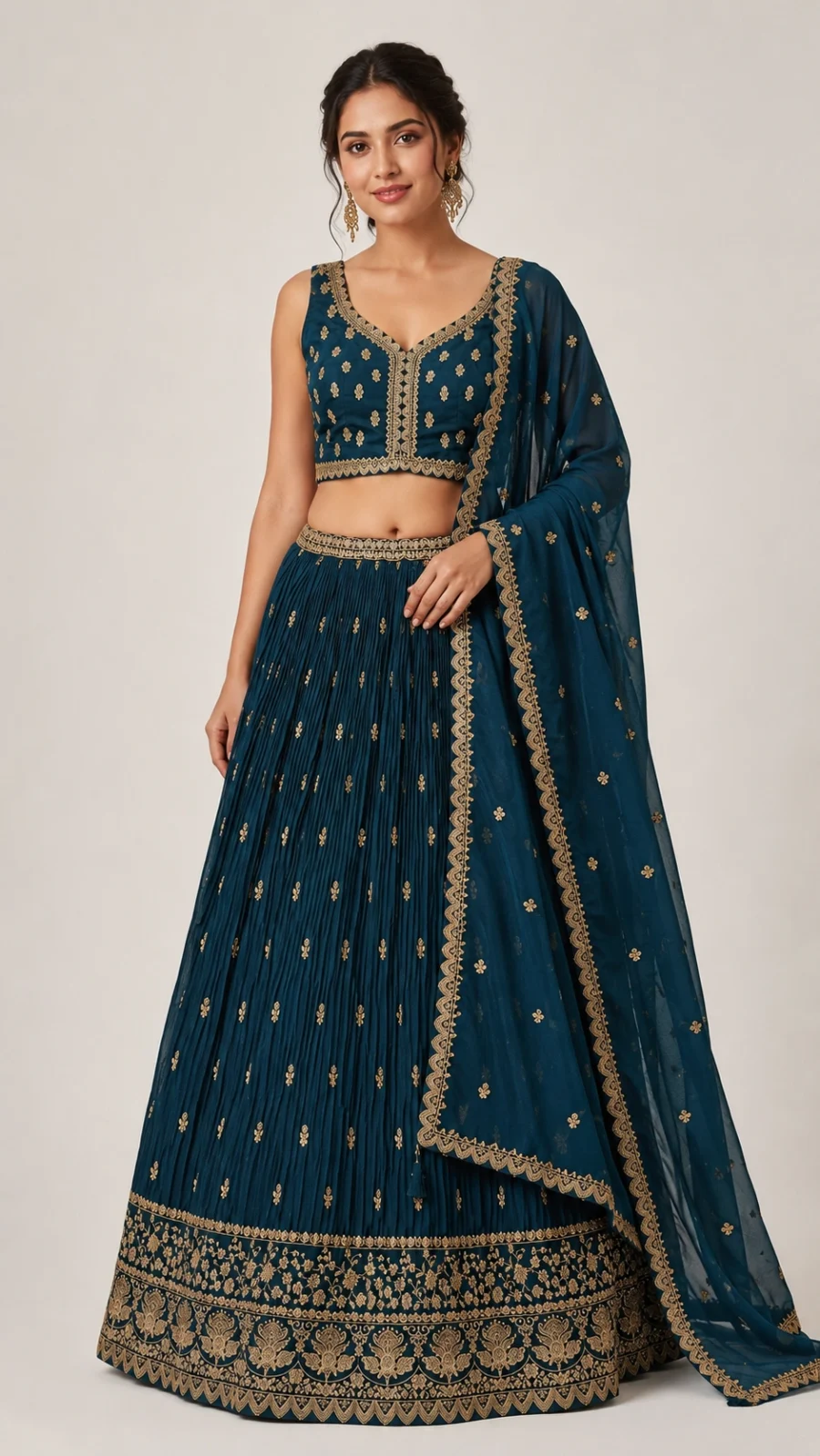 Store Teal Embroidered Pleated Lehenga Set with Dupatta