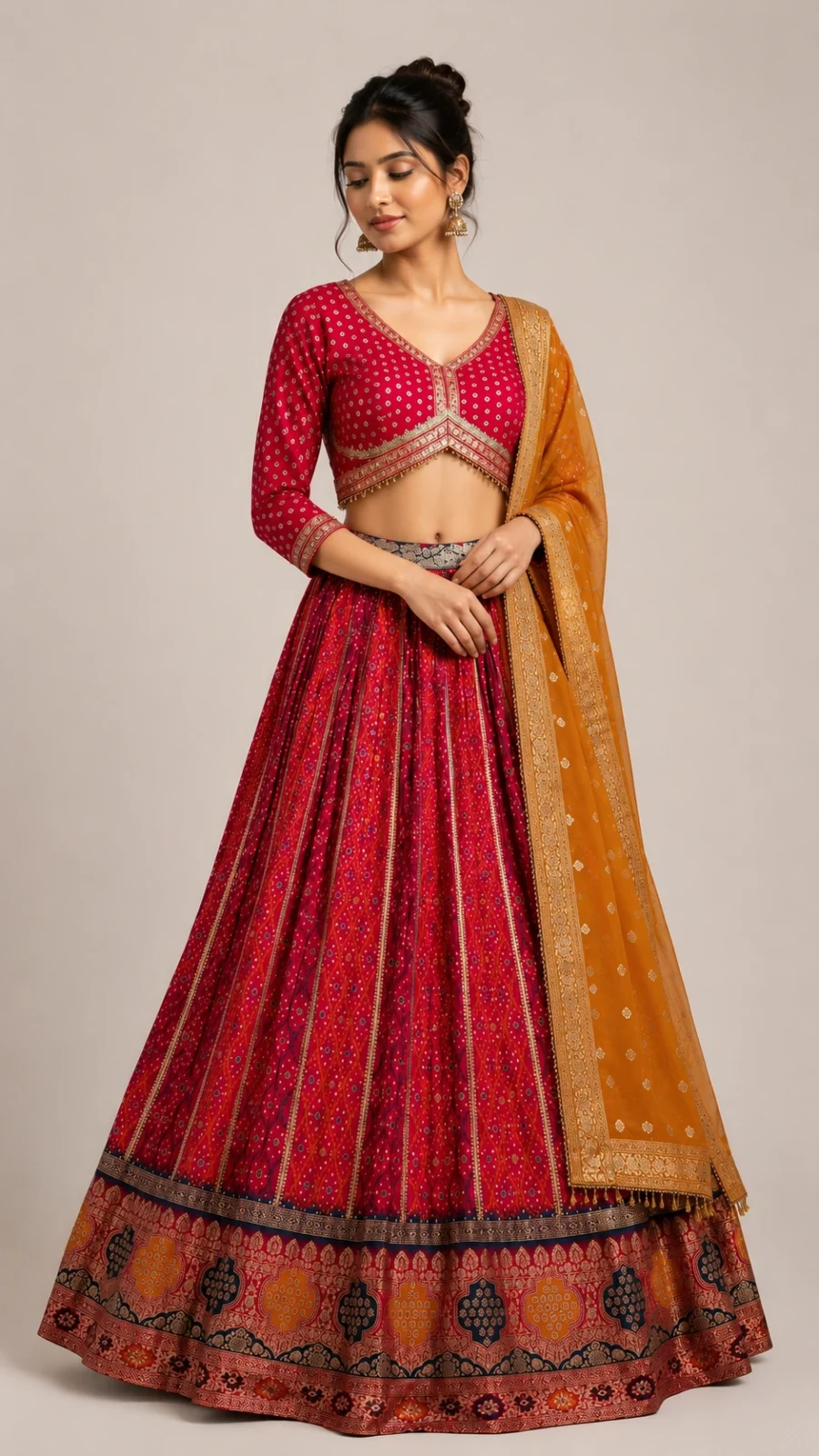Store Royal Banarasi Inspired Red Lehenga Choli Set with Mustard Dupatta