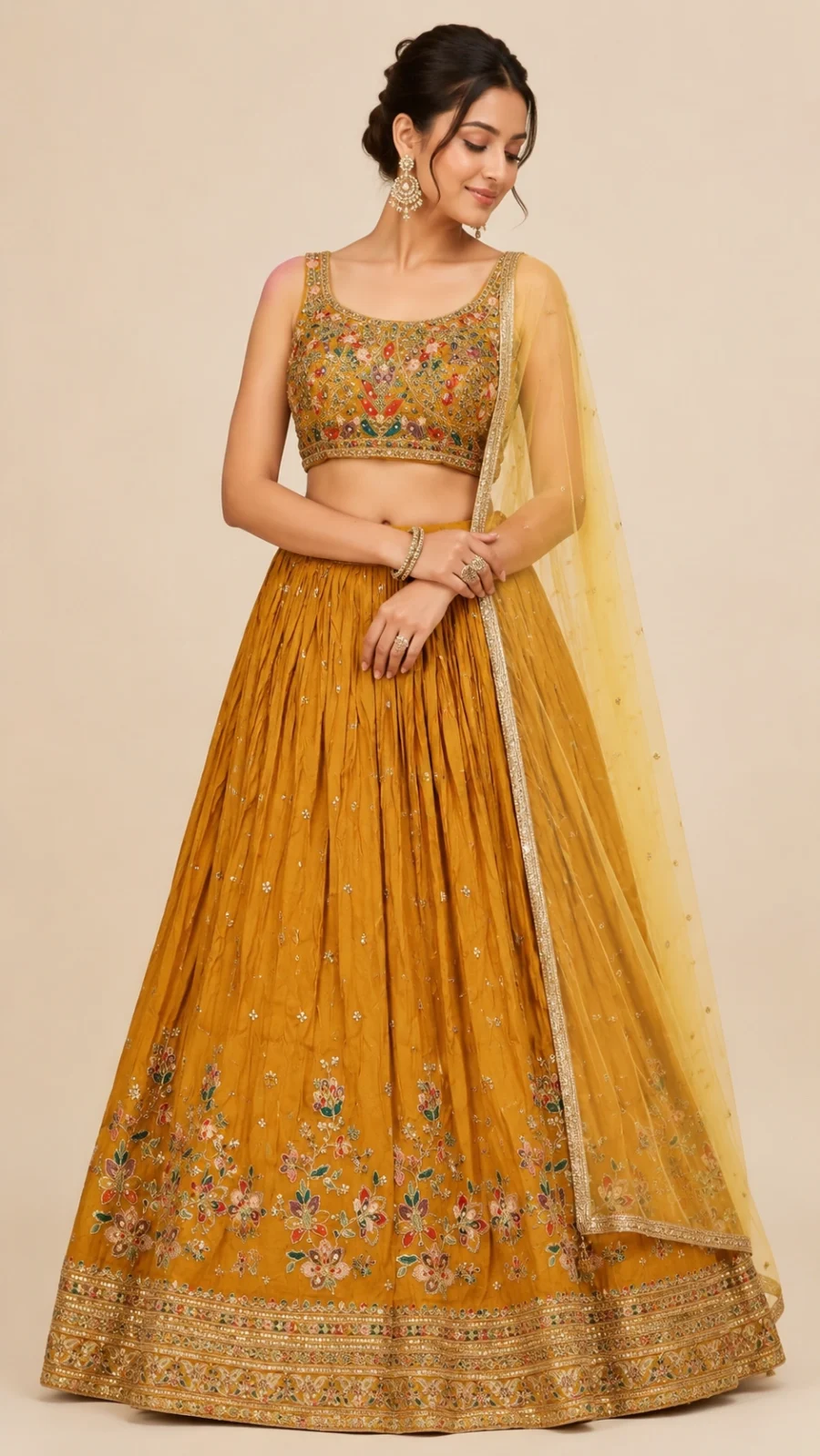 Store Mustard Gold Floral Embroidered Lehenga Choli Set with Net Dupatta