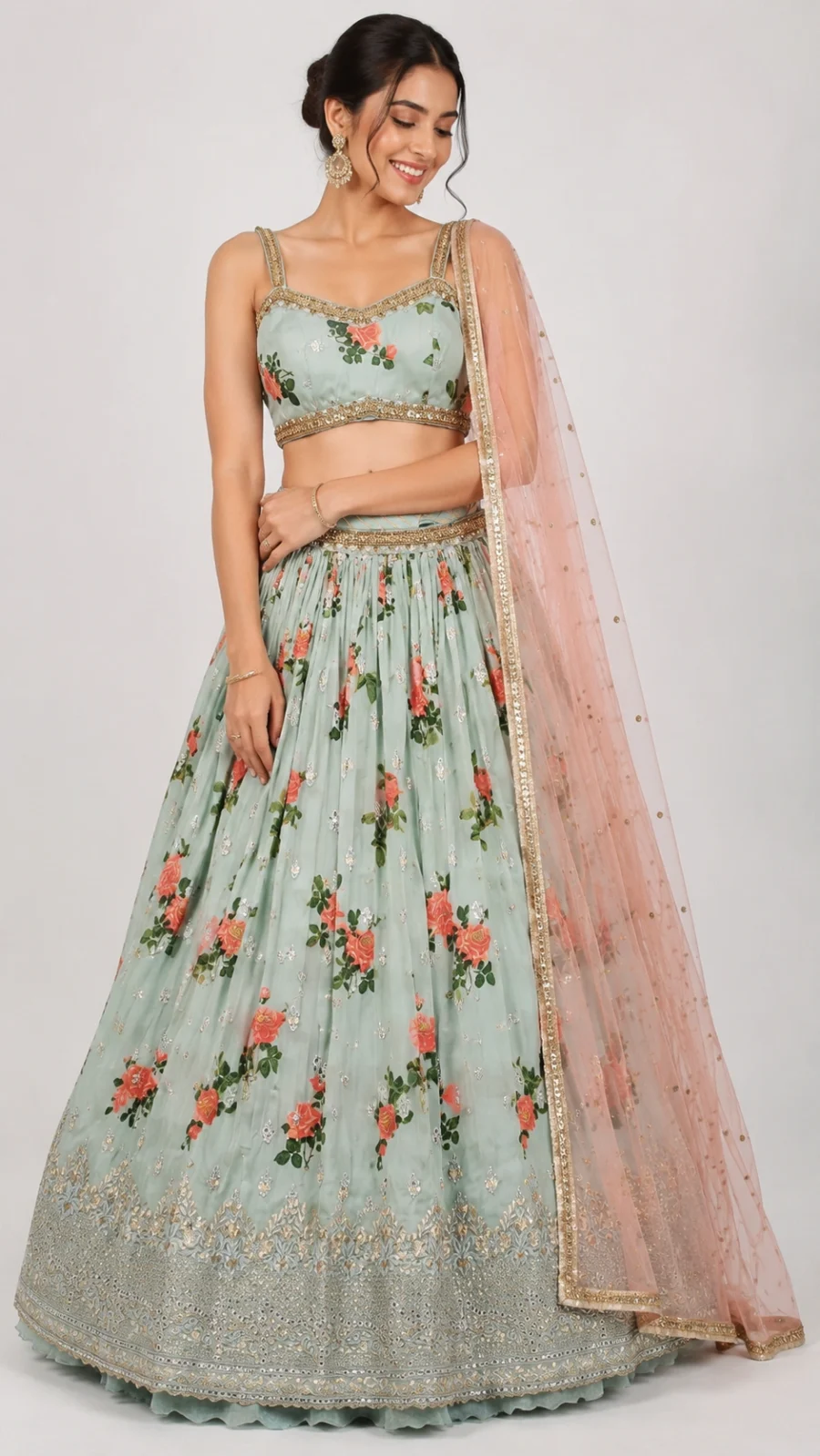 Store Mint Blossom Floral Printed Lehenga Choli with Embellished Dupatta