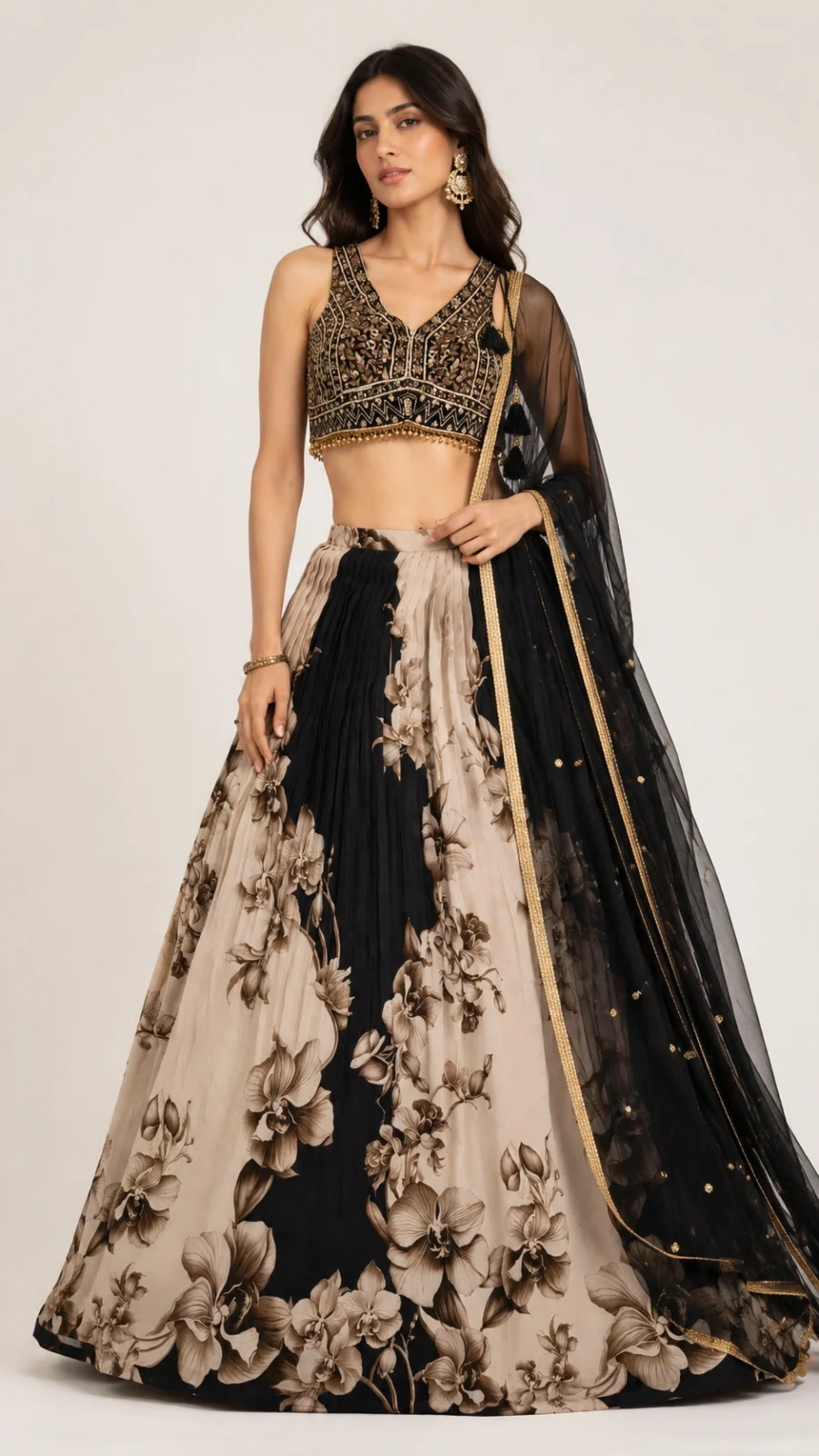 Store Midnight Bloom Floral Printed Lehenga Set with Embroidered Blouse & Net Dupatta