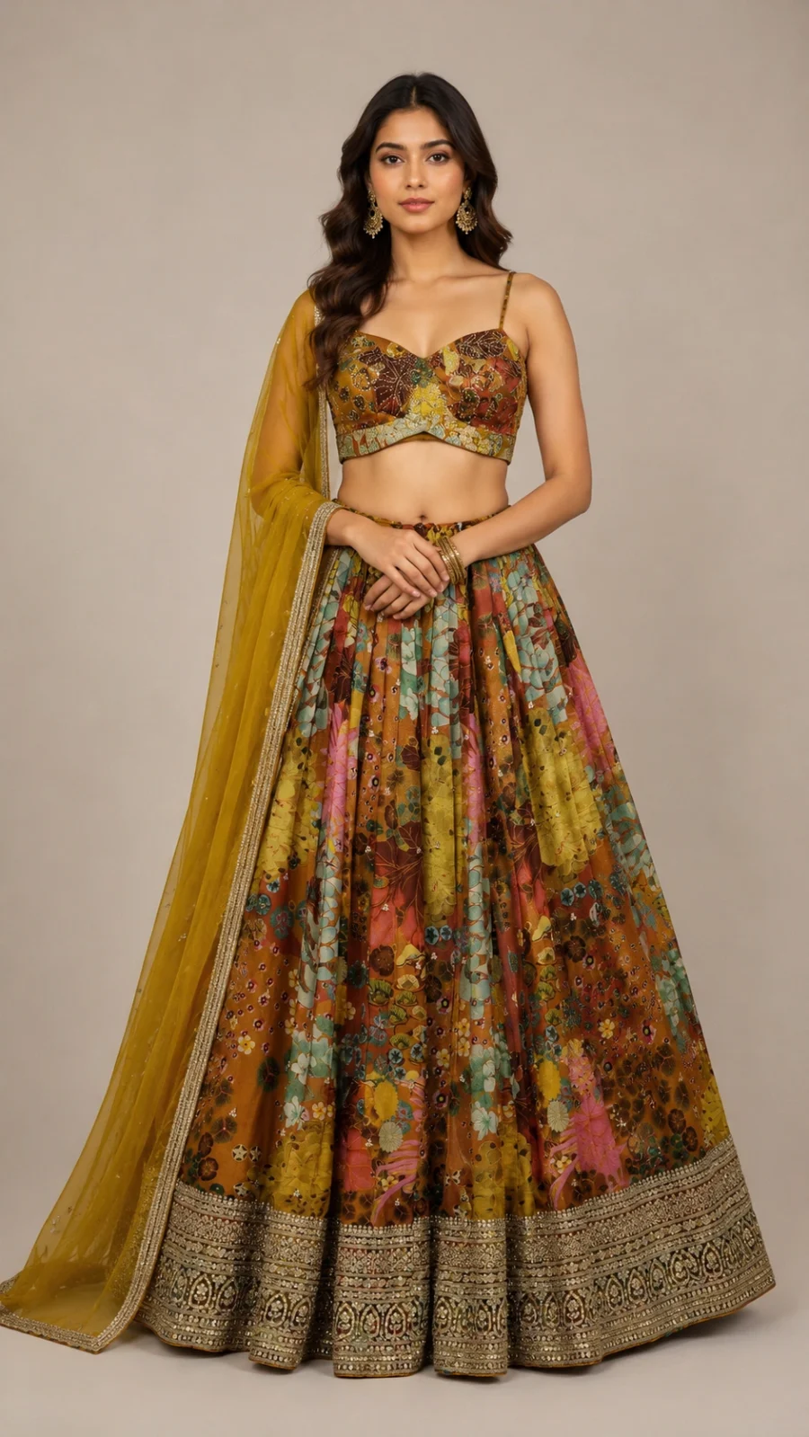 Store Autumn Bloom Printed Lehenga Set with Embellished Border & Net Dupatta