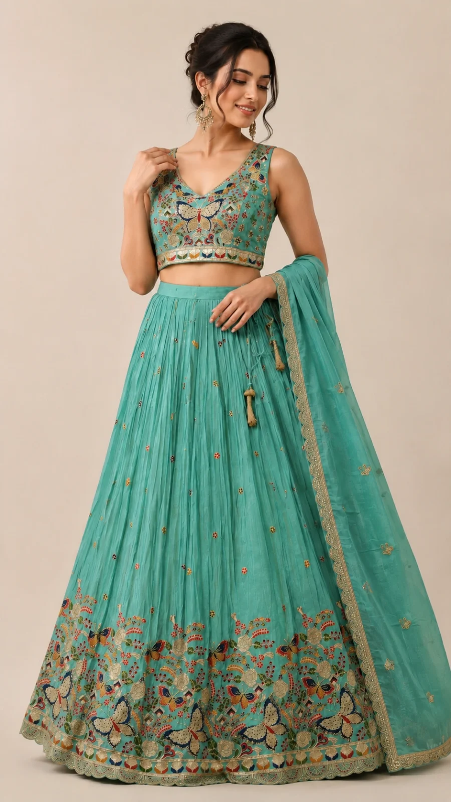 Store Aqua Blue Butterfly Embroidered Lehenga Choli Set with Dupatta