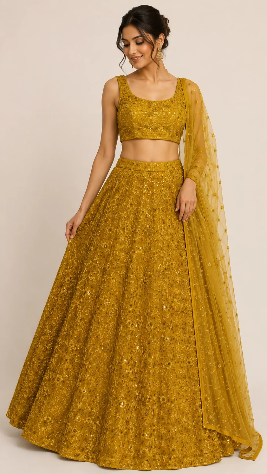 Store Mustard Gold Sequin Embroidered Lehenga Set with Dupatta