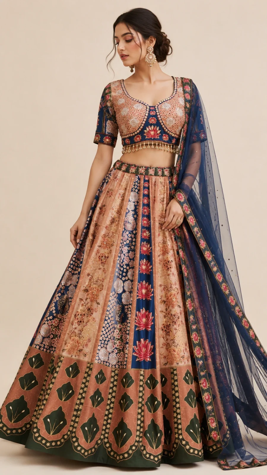 Store Royal Peach & Navy Printed Lehenga Choli with Designer Net Dupatta