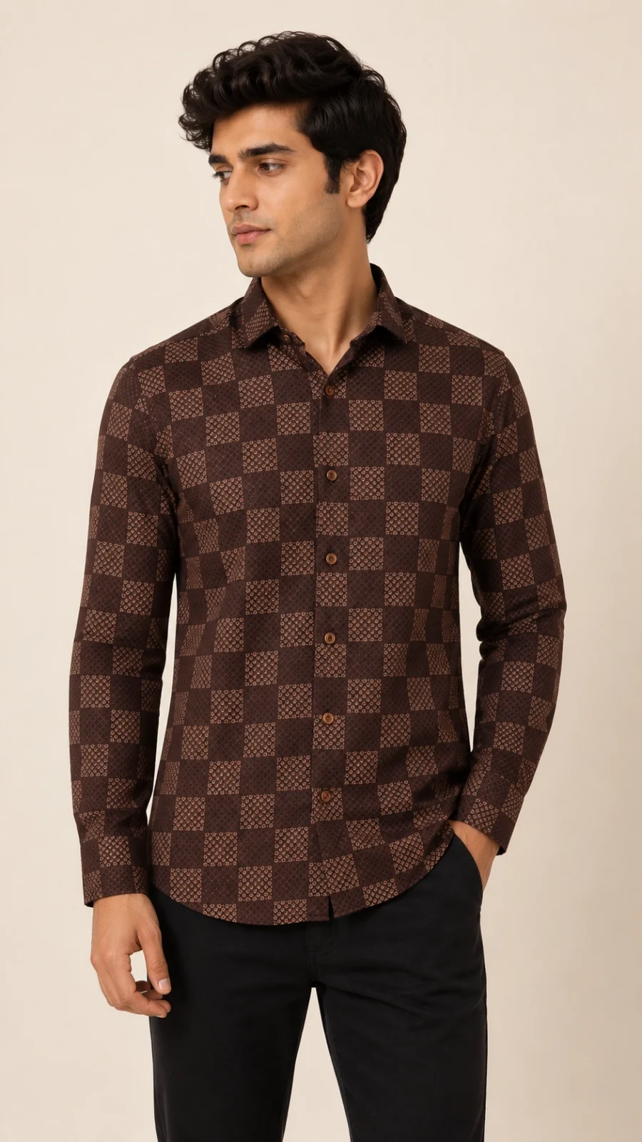 Men’s Brown Geometric Check Printed Full-Sleeve Shirt