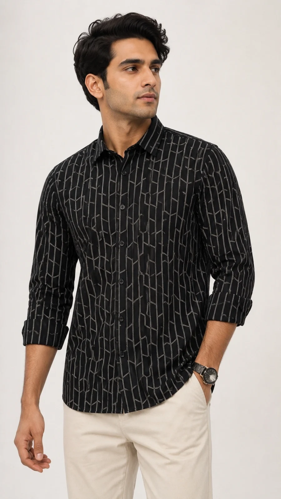 Men’s Black Geometric Print Full-Sleeve Shirt