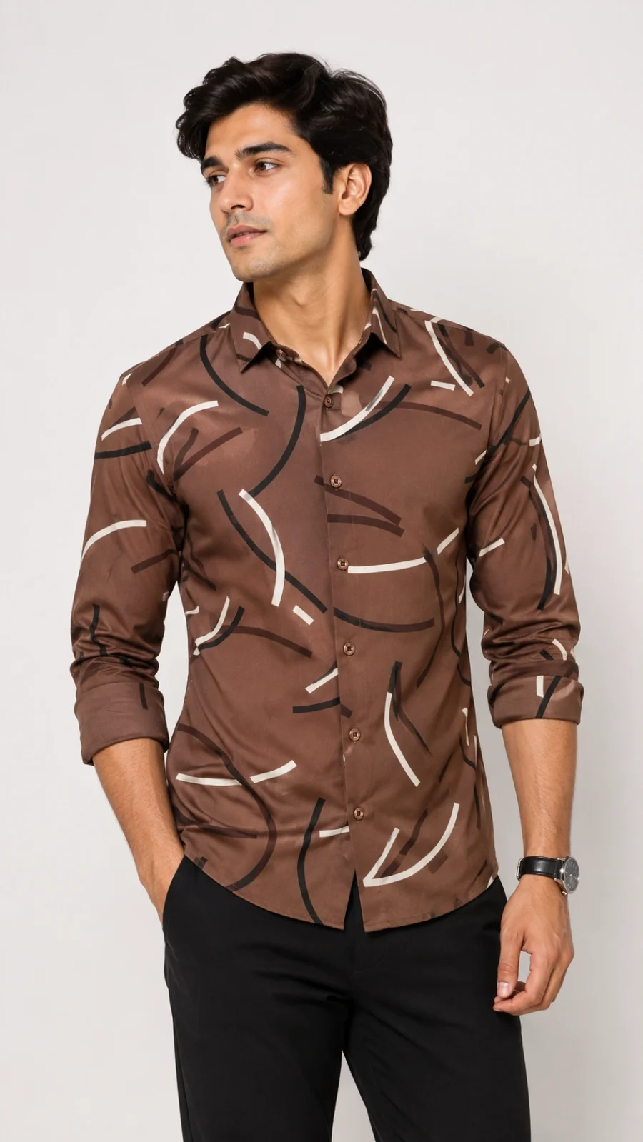 Men’s Brown Abstract Print Full-Sleeve Shirt