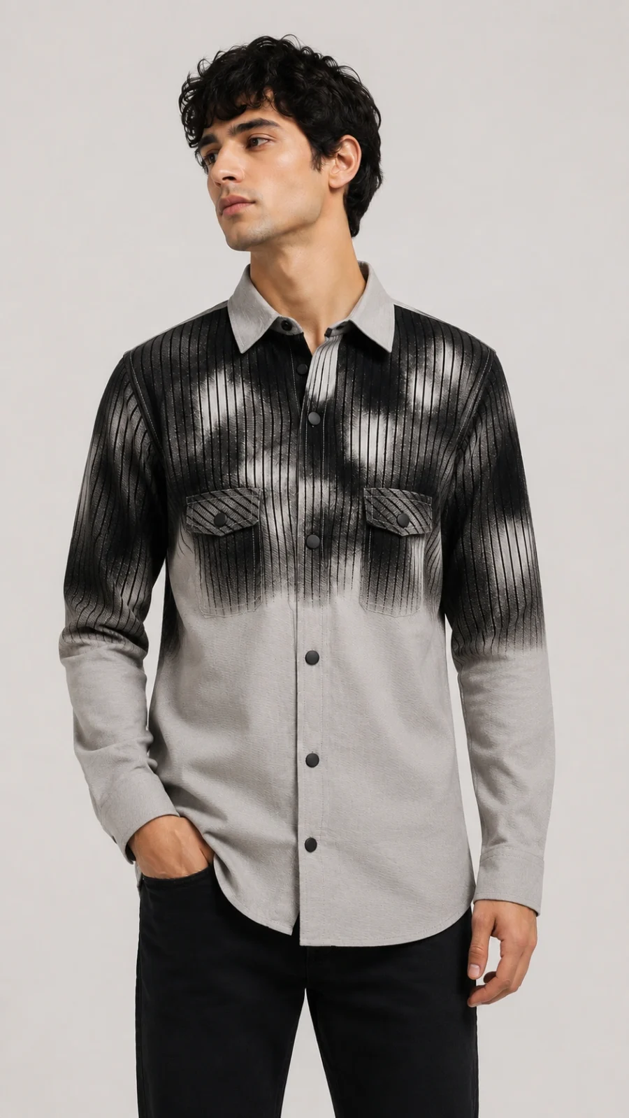 Grey & Black Ombre Striped Dual-Pocket Shirt