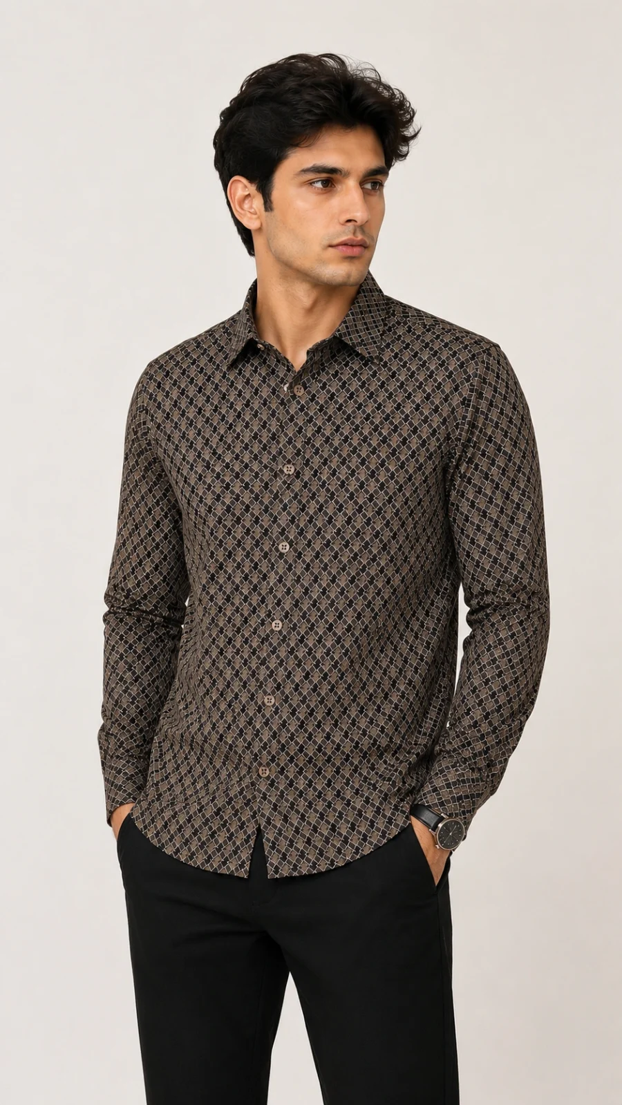 Men’s Brown Geometric Print Full-Sleeve Shirt
