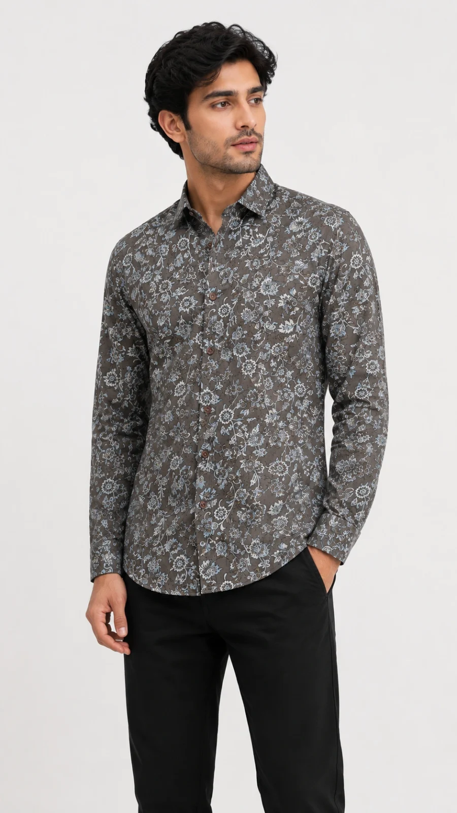 Men’s Brown Floral Print Full-Sleeve Shirt