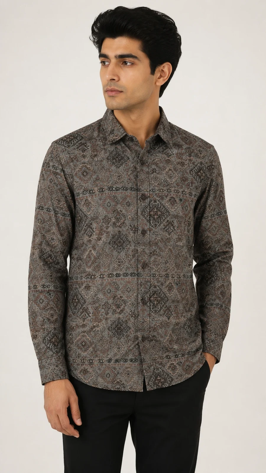 Men's Brown Geometric All-Over Print Full Sleeve Casual Shirt