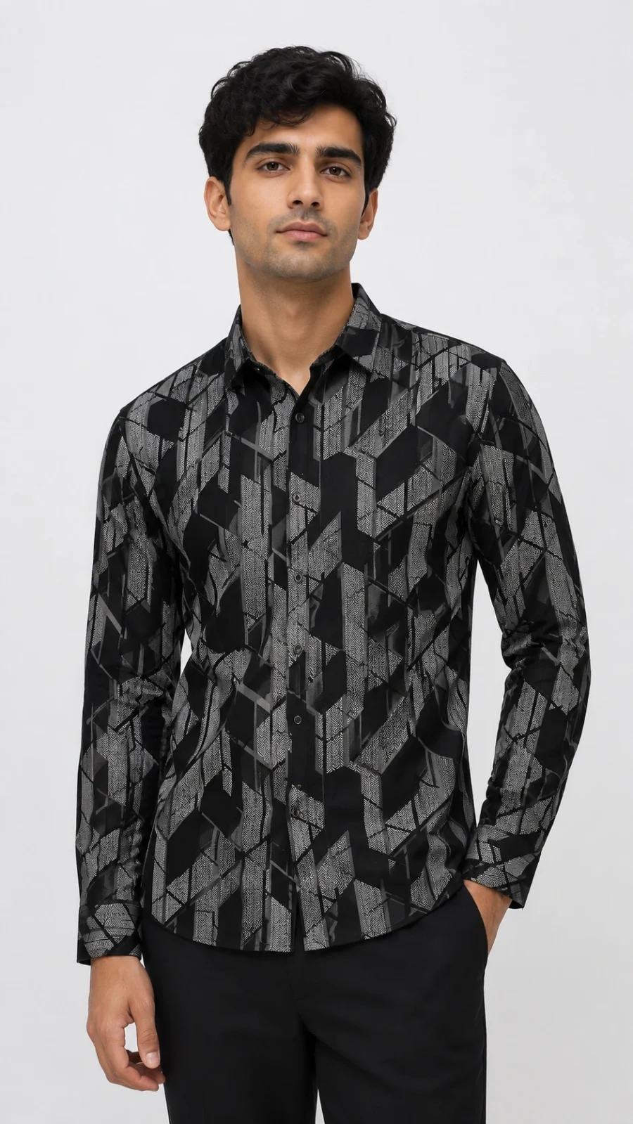 Men's Black & Grey Abstract Geometric Printed Full Sleeve Casual Shirt