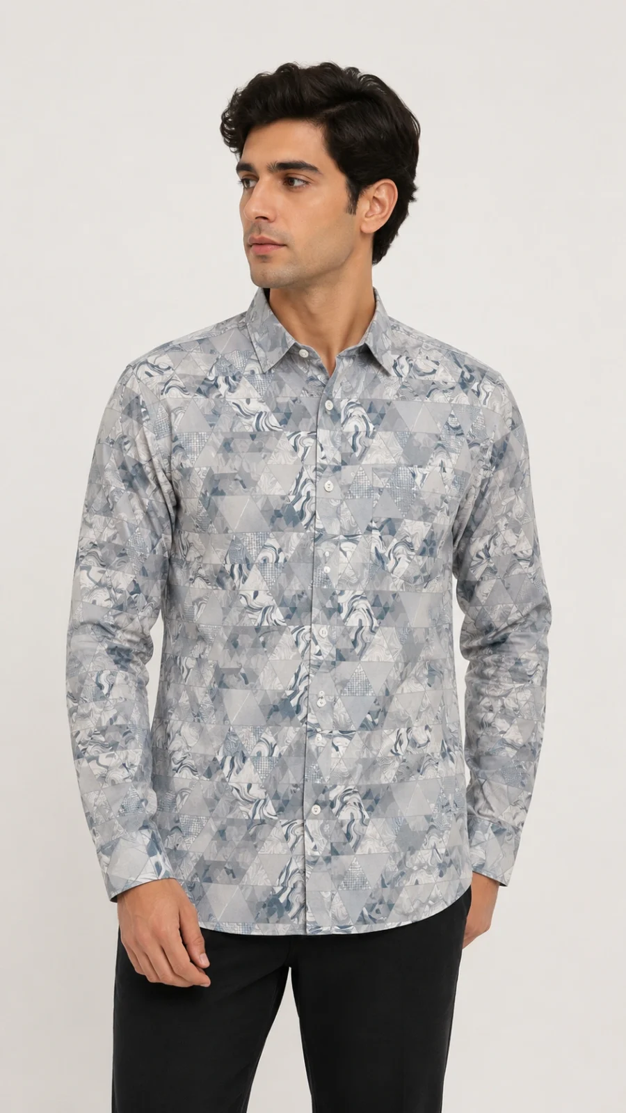 Men's Grey Geometric Marble Print Full Sleeve Casual Shirt