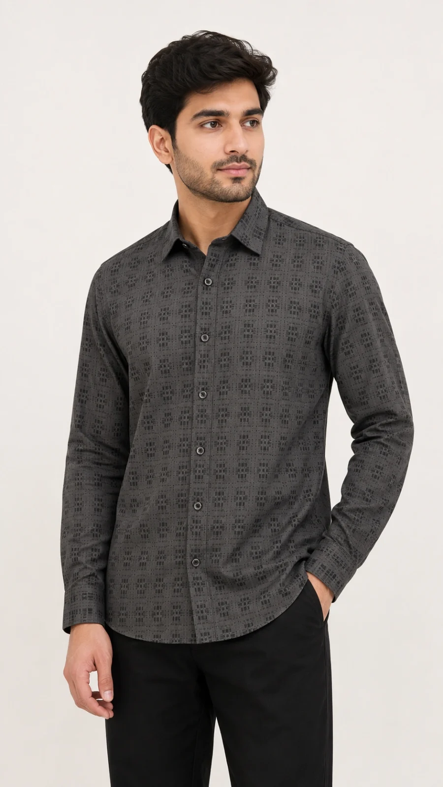 Men's Charcoal Grey Geometric Printed Full Sleeve Casual Shirt