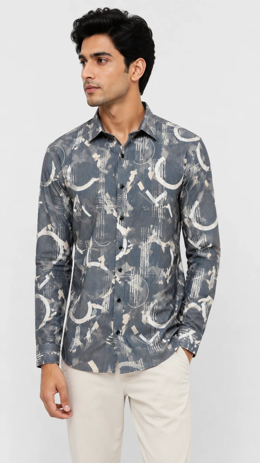 Men's Grey Abstract Print Full Sleeve Casual Shirt