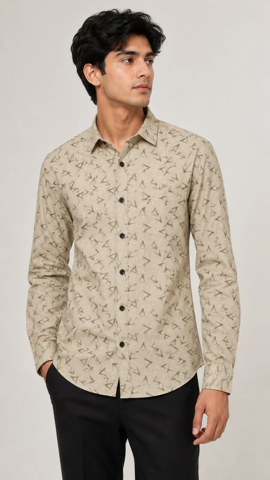 Men's Beige Geometric Print Full Sleeve Casual Shirt