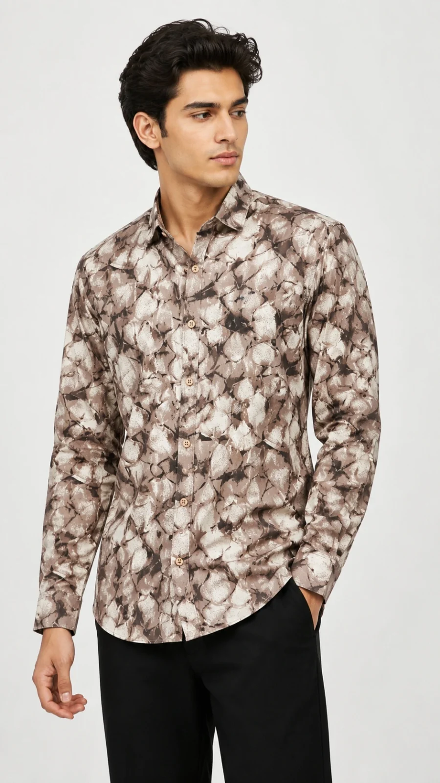 Men's Beige & Brown Abstract Print Full Sleeve Casual Shirt