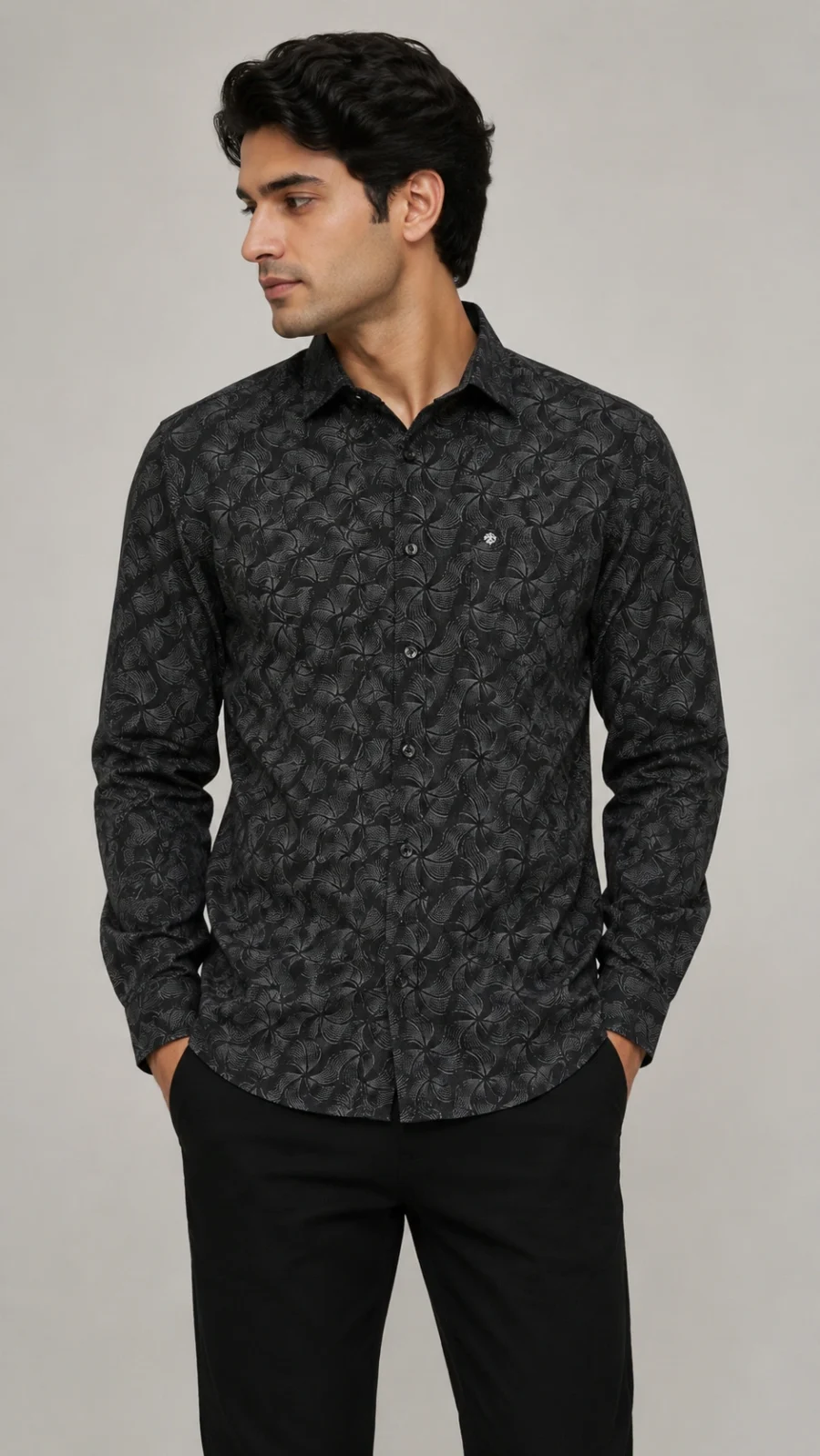 Black Abstract Swirl Print Full Sleeve Shirt