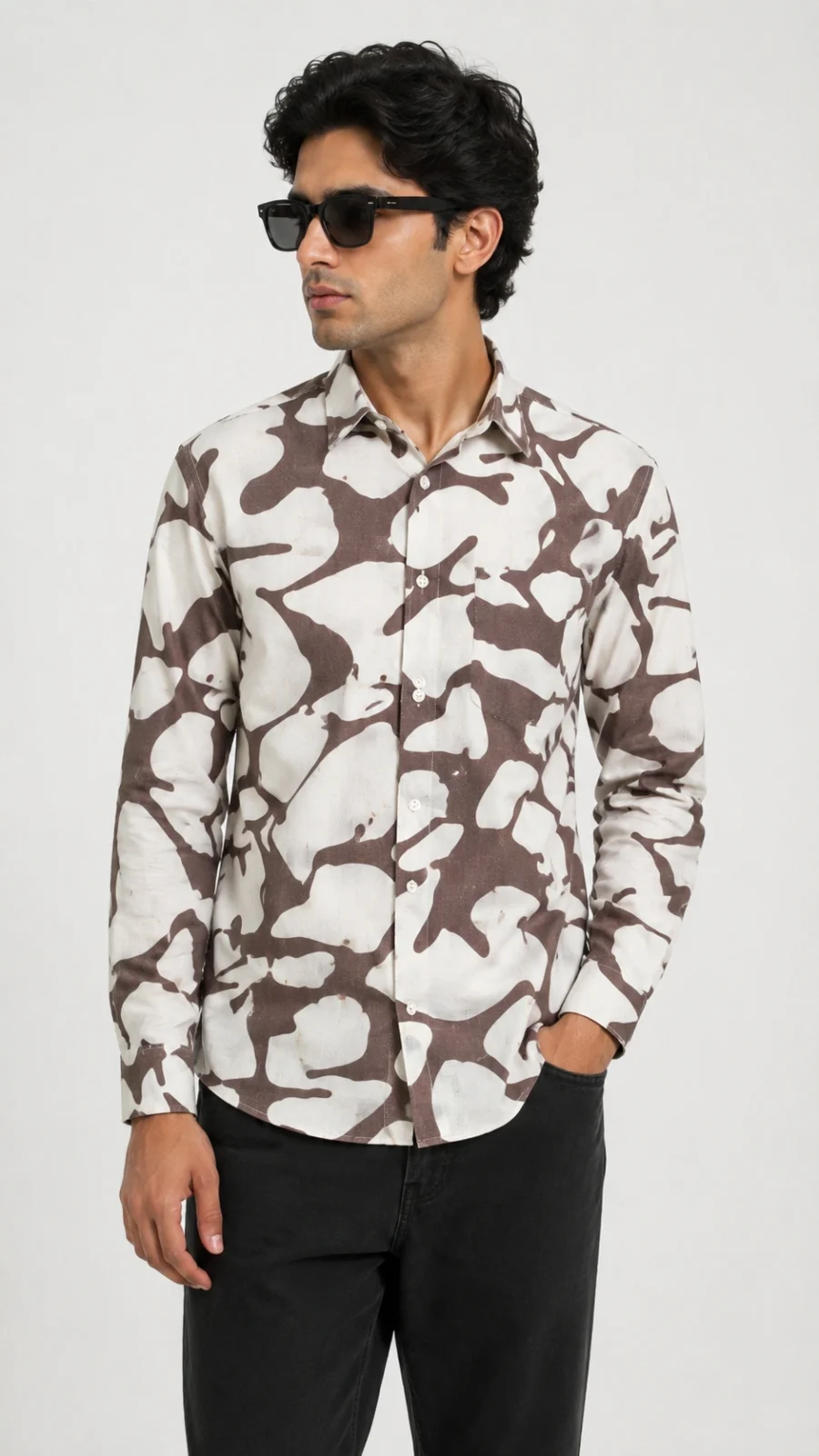 Men's Off-White & Brown Abstract Print Full Sleeve Casual Shirt