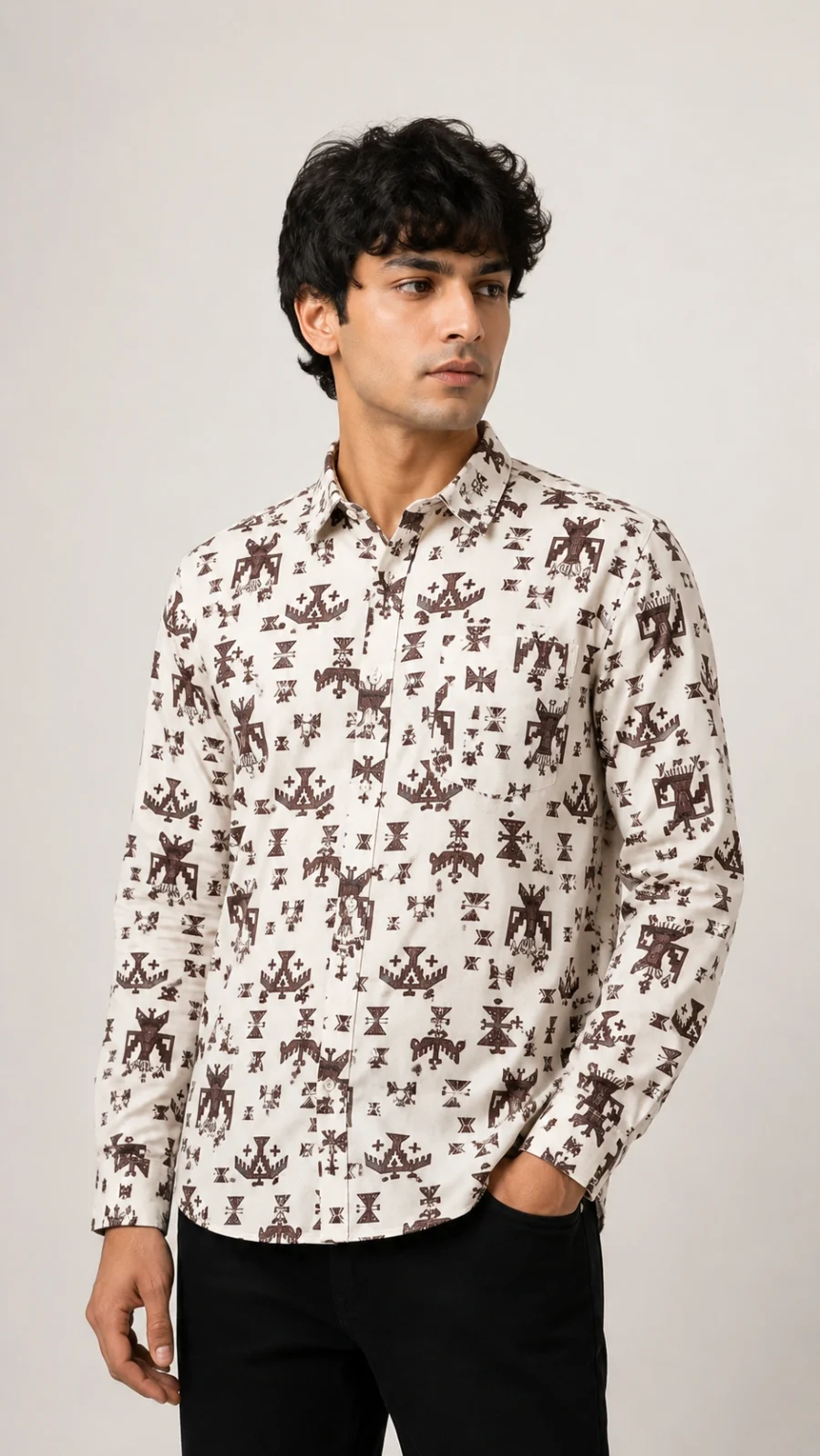 Men's Cream Tribal Print Full Sleeve Casual Shirt