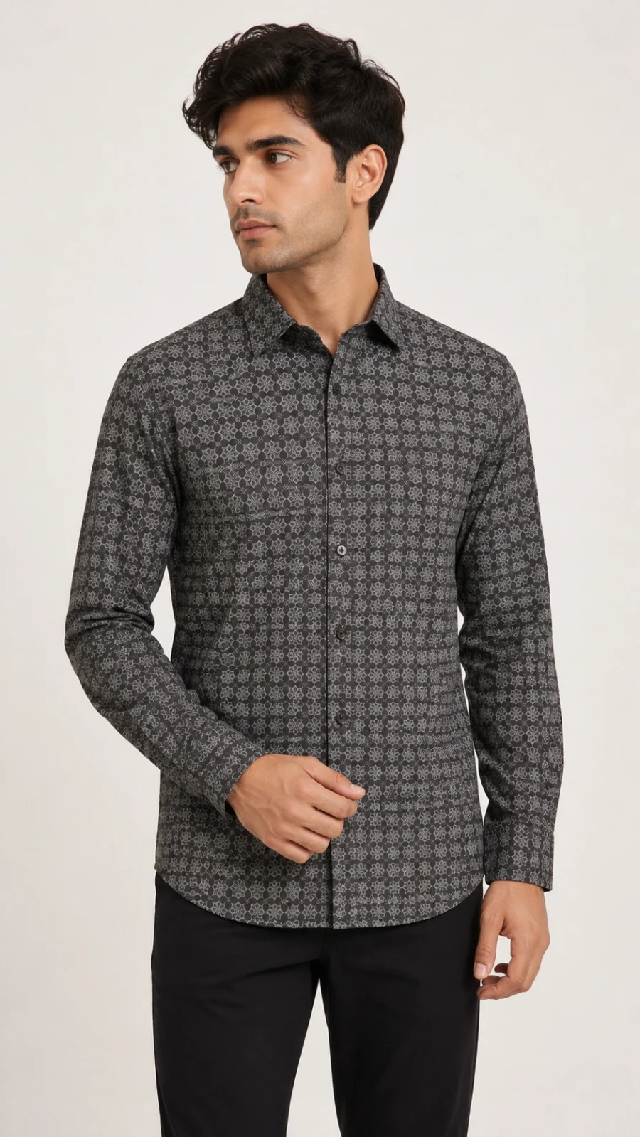 Men's Grey Geometric Print Full Sleeve Casual Shirt