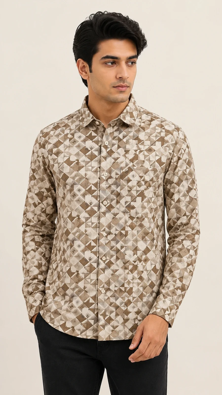 Men's Beige Geometric Print Full Sleeve Casual Shirt