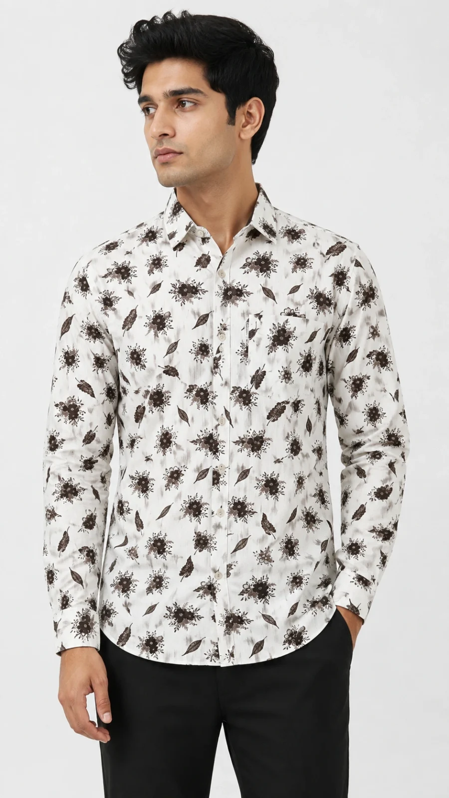 Men's White Floral & Leaf Print Full Sleeve Casual Shirt