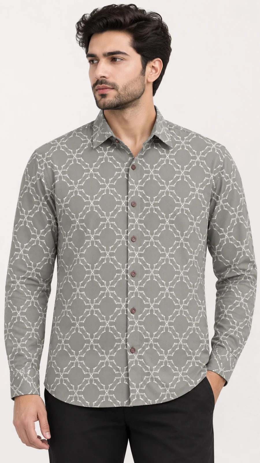Grey Geometric Print Premium Cotton Full Sleeve Shirt