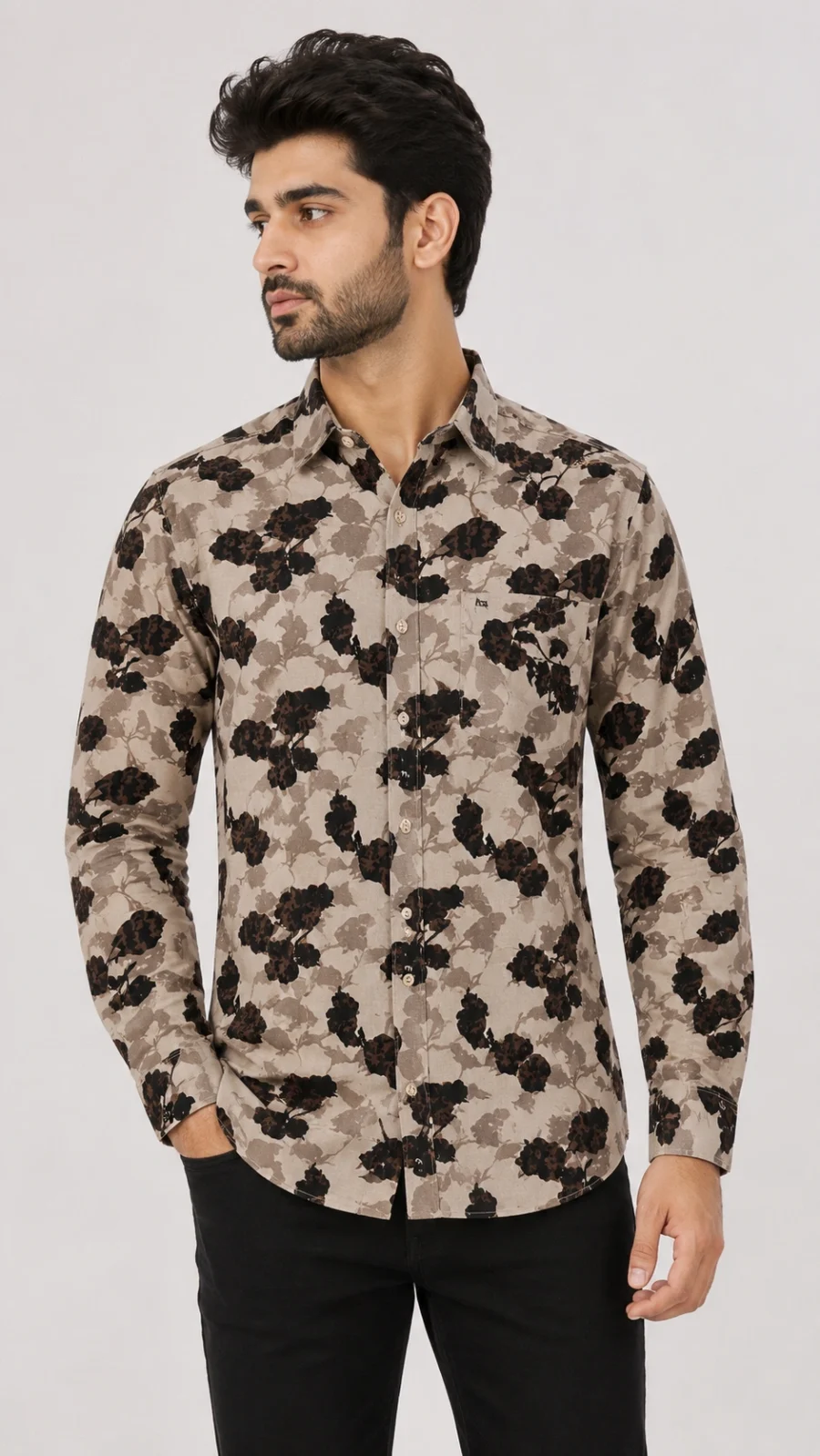 Men's Beige Floral Print Full Sleeve Casual Shirt