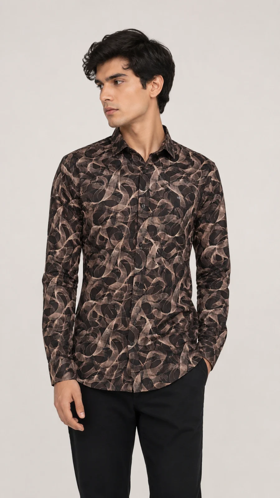 Men's Brown Abstract Swirl Print Full Sleeve Casual Shirt