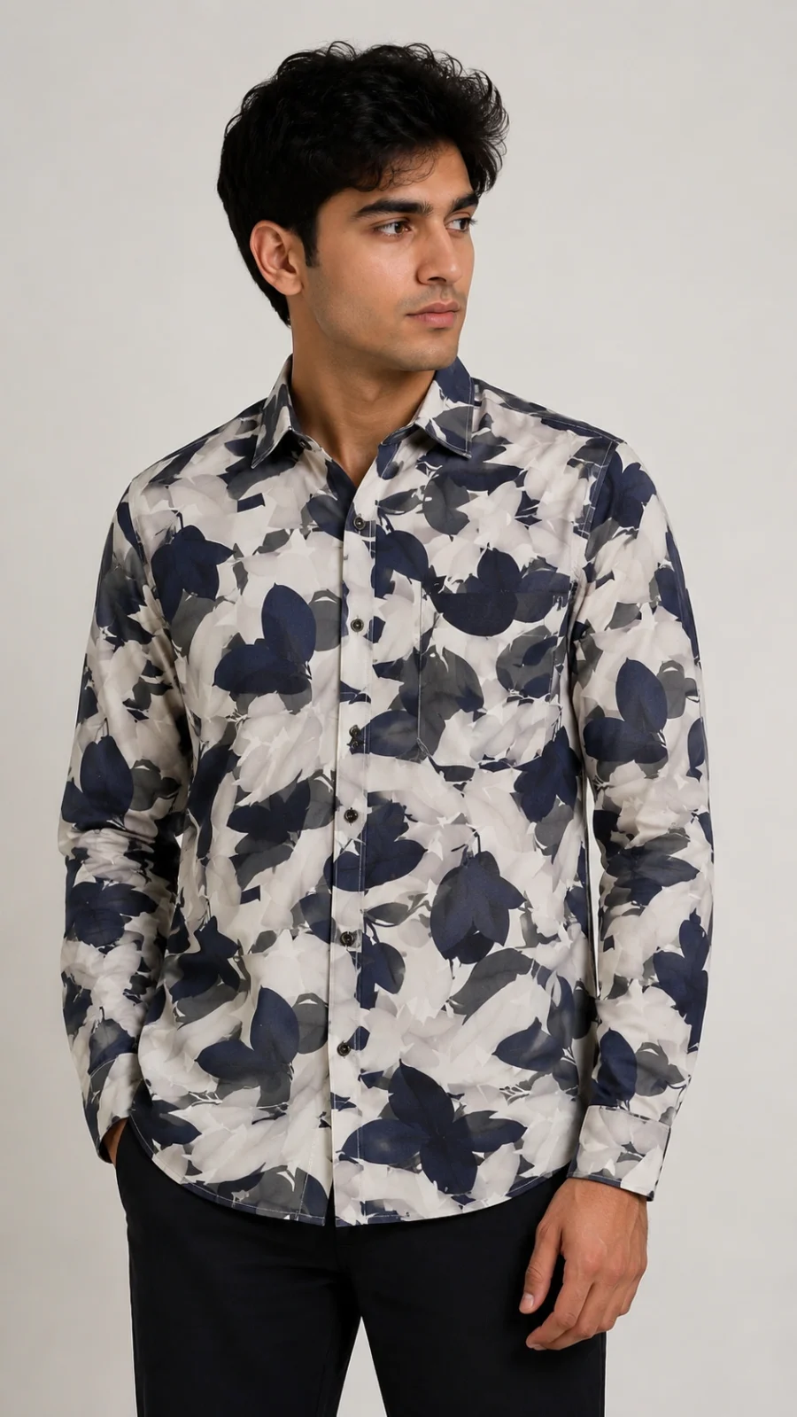 Men's White & Navy Floral Print Full Sleeve Casual Shirt