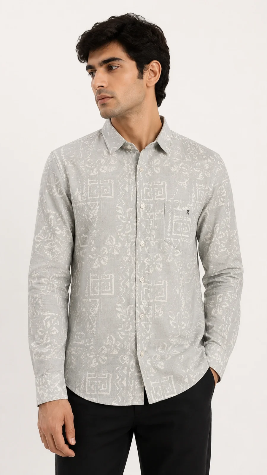 Men's Light Grey Abstract Printed Full Sleeve Cotton Blend Casual Shirt